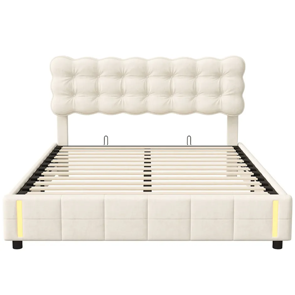 Generique lit coffre 140 x 200,lit rembourré double avec levier hydraulique,Lumières LED au bout du lit,velours,Beige