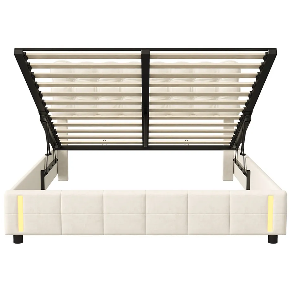 Generique lit coffre 140 x 200,lit rembourré double avec levier hydraulique,Lumières LED au bout du lit,velours,Beige