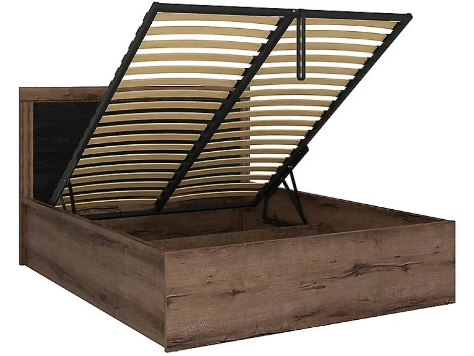 Pegane Lit coffre adulte 2 places 140x200 avec cadre sommier et rangement, coloris Chêne marron foncé/Chêne noir