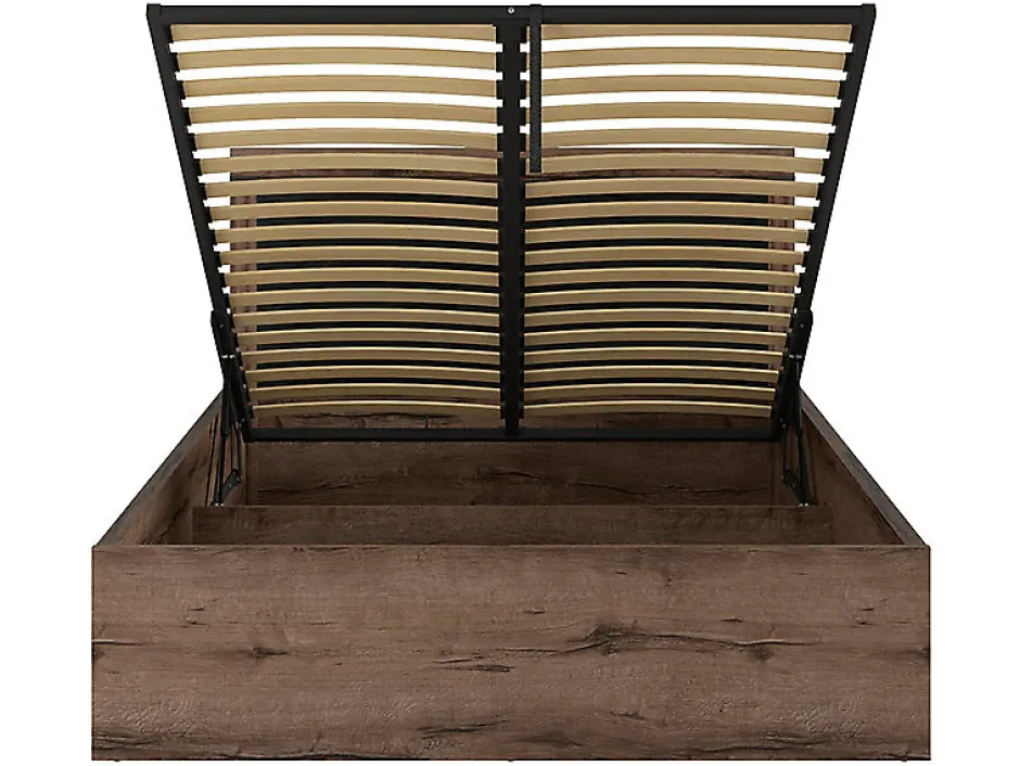Pegane Lit coffre adulte 2 places 140x200 avec cadre sommier et rangement, coloris Chêne marron foncé/Chêne noir