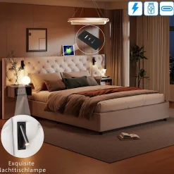 Fortuna lai Lit Coffre Adulte 140x200 Cm Avec Tête De Lit, Liseuse, Port USB, 2 Tables De Chevet, Velours, Blanc Sale
