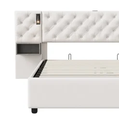 Fortuna lai Lit Coffre Adulte 140x200 Cm Avec Tête De Lit, Liseuse, Port USB, 2 Tables De Chevet, Velours, Blanc Sale