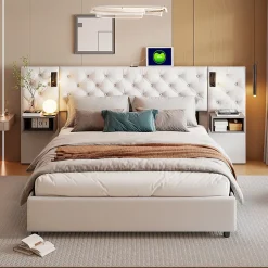 Fortuna lai Lit Coffre Adulte 140x200 Cm Avec Tête De Lit, Liseuse, Port USB, 2 Tables De Chevet, Velours, Blanc Sale