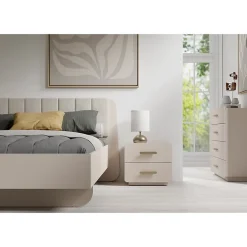 Meublorama Lit coffre AMALIE 180x200 cm Tete tapissée tissu beige Sommier inclus Matelas non inclus