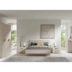 Meublorama Lit coffre AMALIE 160x200 cm Tete tapissée tissu beige Sommier inclus Matelas non inclus