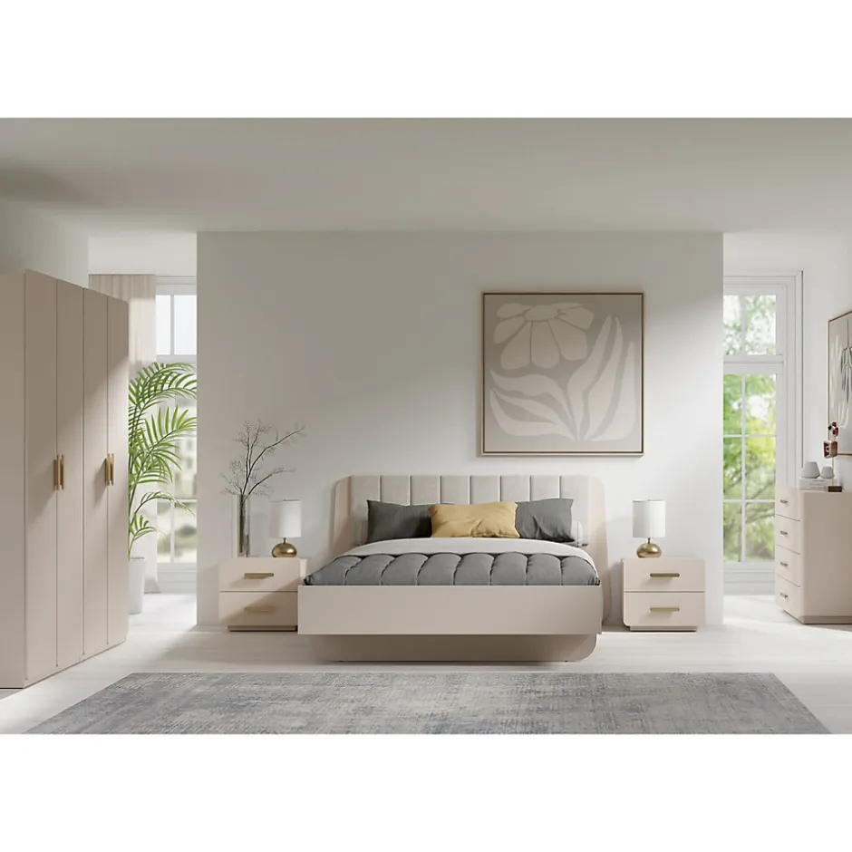 Meublorama Lit coffre AMALIE 160x200 cm Tete tapissée tissu beige Sommier inclus Matelas non inclus