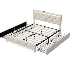 ProximaX Lit coffre avec 4 tiroirs, LED multicolores et port USB, 140x190 cm, Velours blanc cassé design moderne Best