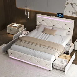 ProximaX Lit coffre avec 4 tiroirs, LED multicolores et port USB, 140x190 cm, Velours blanc cassé design moderne Best