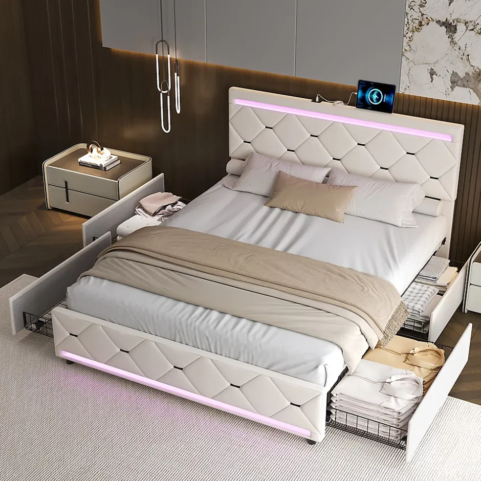 ProximaX Lit coffre avec 4 tiroirs, LED multicolores et port USB, 140x190 cm, Velours blanc cassé design moderne Best