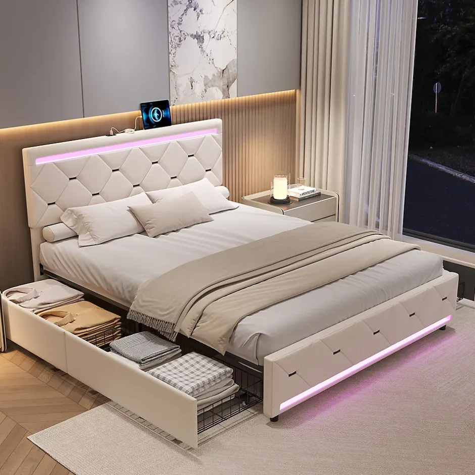 ProximaX Lit coffre avec 4 tiroirs, LED multicolores et port USB, 140x190 cm, Velours blanc cassé design moderne Best