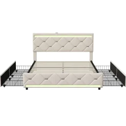 ProximaX Lit coffre avec 4 tiroirs, LED multicolores et port USB, 140x190 cm, Velours blanc cassé design moderne Best
