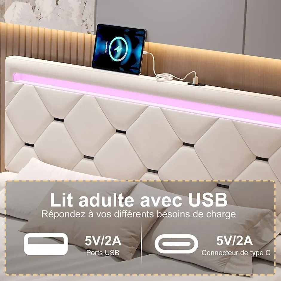 ProximaX Lit coffre avec 4 tiroirs, LED multicolores et port USB, 140x190 cm, Velours blanc cassé design moderne Best