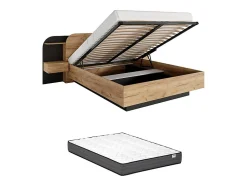 Vente-unique Lit coffre avec chevets 160 x 200 cm - Avec LEDs - Coloris : Naturel et noir + Matelas - JUVISIA
