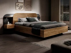 Vente-unique Lit coffre avec chevets 160 x 200 cm - Avec LEDs - Coloris : Naturel et noir + Matelas - JUVISIA