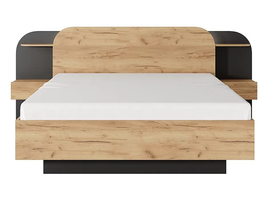 Vente-unique Lit coffre avec chevets 160 x 200 cm - Avec LEDs - Coloris : Naturel et noir - JUVISIA Discount