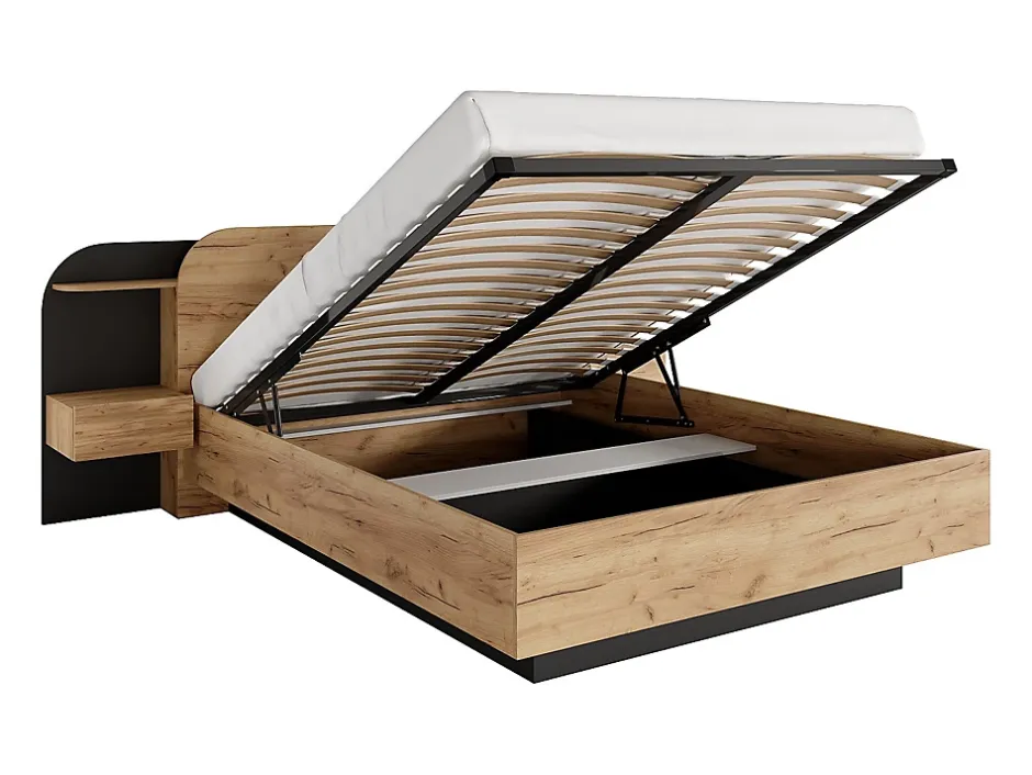 Vente-unique Lit coffre avec chevets 160 x 200 cm - Avec LEDs - Coloris : Naturel et noir - JUVISIA Discount