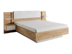 Vente-unique Lit coffre avec chevets 160 x 200 cm - Avec LEDs - Coloris : Naturel et blanc + Matelas - ELYNIA