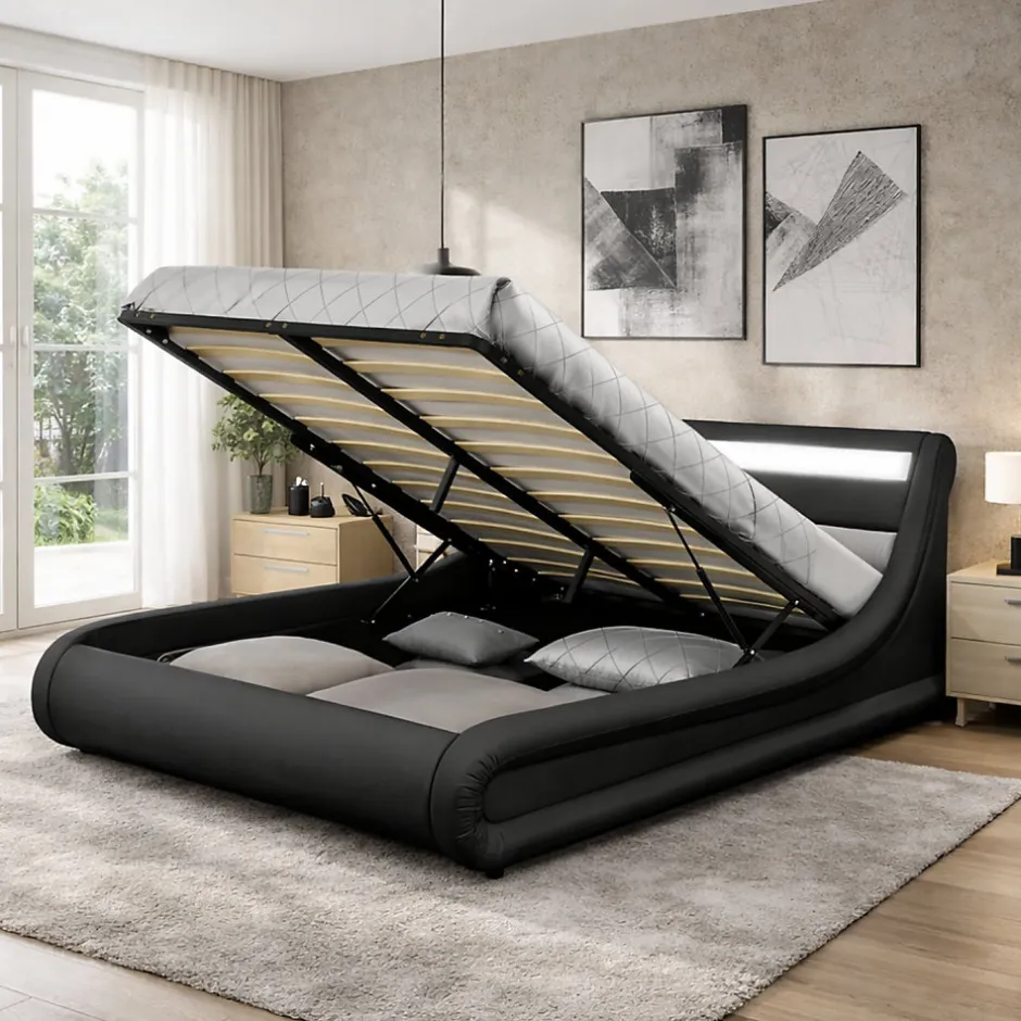 Concept Usine Lit coffre avec LED 140 x 190 cm noir - PORTLAND