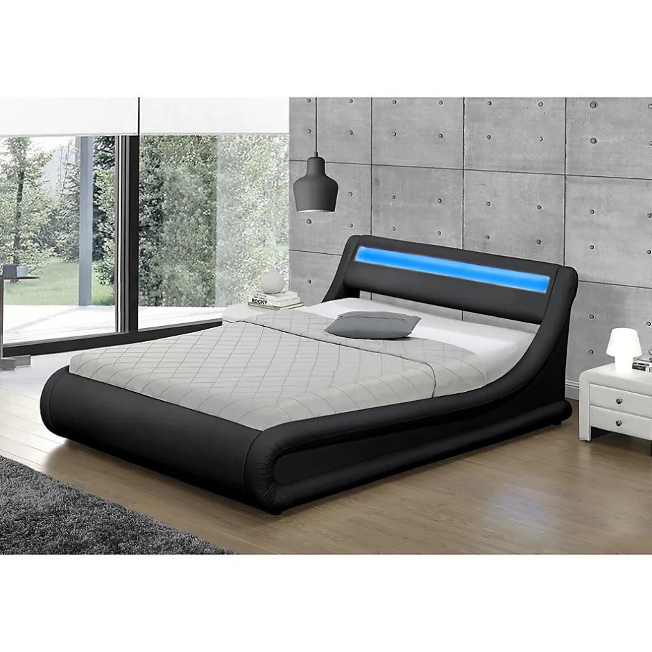 Concept Usine Lit coffre avec LED 140 x 190 cm noir - PORTLAND