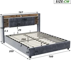 Simple Life Lit Coffre Avec LED Et USB, Lit Tapissé 160x200, Tissu Velours, Sommier à Lattes En Bois Massif,gris