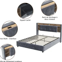 Simple Life Lit Coffre Avec LED Et USB, Lit Tapissé 160x200, Tissu Velours, Sommier à Lattes En Bois Massif,gris