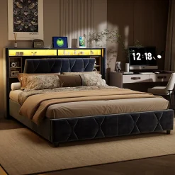 Simple Life Lit Coffre Avec LED Et USB, Lit Tapissé 160x200, Tissu Velours, Sommier à Lattes En Bois Massif,gris