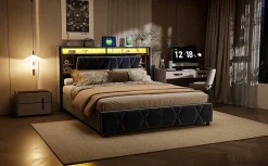 Simple Life Lit Coffre Avec LED Et USB, Lit Tapissé 160x200, Tissu Velours, Sommier à Lattes En Bois Massif,gris