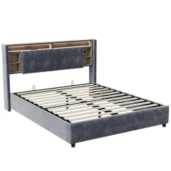 Simple Life Lit Coffre Avec LED Et USB, Lit Tapissé 160x200, Tissu Velours, Sommier à Lattes En Bois Massif,gris