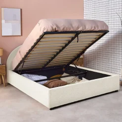 Sweeek Lit coffre avec sommier à lattes et tête de lit. finition bouclette. blanc. L216.5 x P174 x H102cm