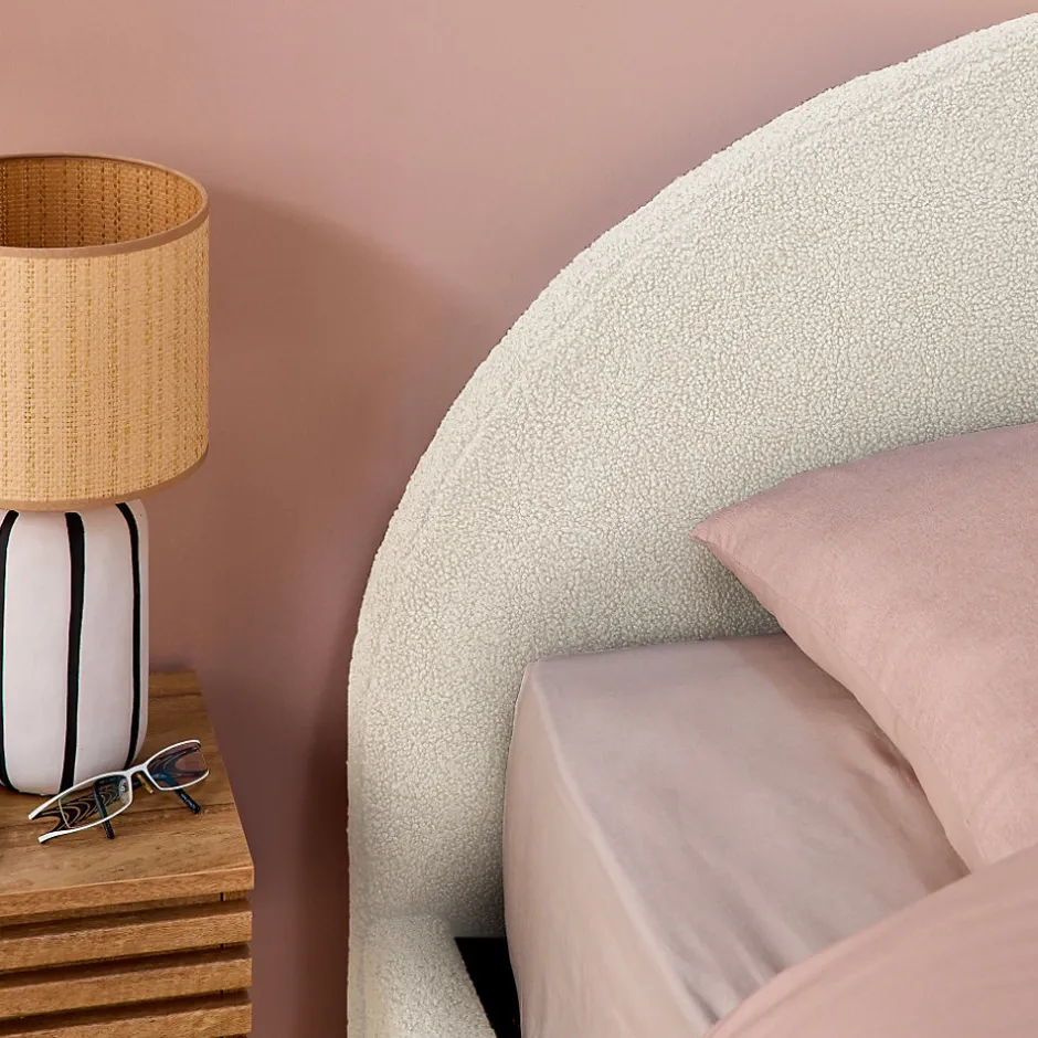 Sweeek Lit coffre avec sommier à lattes et tête de lit. finition bouclette. blanc. L216.5 x P174 x H102cm