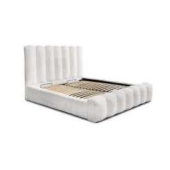 Meublorama Lit coffre BADJA Tissu bouclé Perle de lin 180x200 cm Sommier relevable Design haut de gamme Best