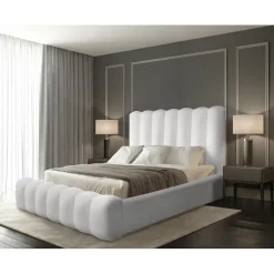 Meublorama Lit coffre BADJA Tissu bouclé Perle de lin 180x200 cm Sommier relevable Design haut de gamme Best