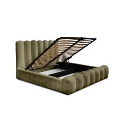 Meublorama Lit coffre BADJA Tissu bouclé Sauge sèchée 160x200 cm Sommier relevable Design haut de gamme