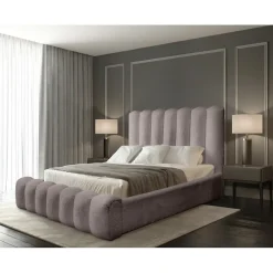 Meublorama Lit coffre BADJA Tissu bouclé Taupe cendré 140x200 cm Sommier relevable Design haut de gamme