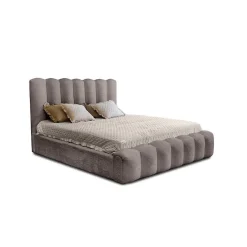 Meublorama Lit coffre BADJA Tissu bouclé Taupe cendré 140x200 cm Sommier relevable Design haut de gamme
