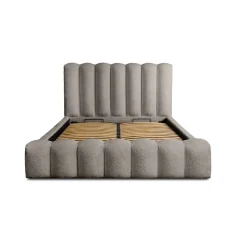 Meublorama Lit coffre BADJA Tissu bouclé Taupe cendré 140x200 cm Sommier relevable Design haut de gamme
