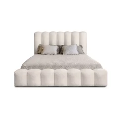 Meublorama Lit coffre BADJA Tissu bouclé Ivoire rosé 180x200 cm Sommier relevable Design haut de gamme