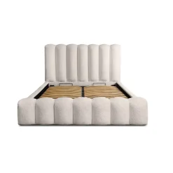 Meublorama Lit coffre BADJA Tissu bouclé Ivoire rosé 180x200 cm Sommier relevable Design haut de gamme