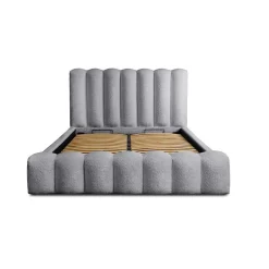 Meublorama Lit coffre BADJA Tissu bouclé Perle daube 140x200 cm Sommier relevable Design haut de gamme
