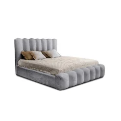 Meublorama Lit coffre BADJA Tissu bouclé Perle daube 140x200 cm Sommier relevable Design haut de gamme