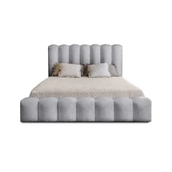 Meublorama Lit coffre BADJA Tissu bouclé Perle daube 140x200 cm Sommier relevable Design haut de gamme