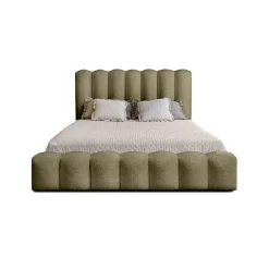 Meublorama Lit coffre BADJA Tissu bouclé Sauge sèchée 180x200 cm Sommier relevable Design haut de gamme