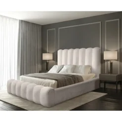 Meublorama Lit coffre BADJA Tissu bouclé Ivoire rosé 140x200 cm Sommier relevable Design haut de gamme