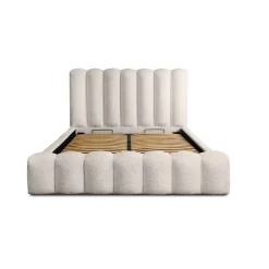 Meublorama Lit coffre BADJA Tissu bouclé Ivoire rosé 140x200 cm Sommier relevable Design haut de gamme