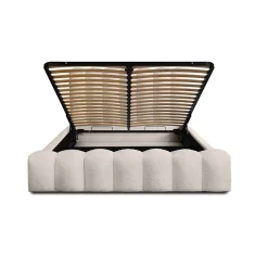 Meublorama Lit coffre BADJA Tissu bouclé Ivoire rosé 140x200 cm Sommier relevable Design haut de gamme