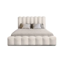 Meublorama Lit coffre BADJA Tissu bouclé Ivoire rosé 140x200 cm Sommier relevable Design haut de gamme