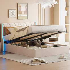ProximaX Lit Coffre beige 140x190 cm, Lit Double avec Rangement, Lits pour Adulte Coffre,avec LED Tete de lit Tissu Velours Online