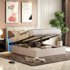ProximaX Lit Coffre beige 140x190 cm, Lit Double avec Rangement, Lits pour Adulte Coffre,avec LED Tete de lit Tissu Velours Online
