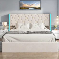 ProximaX Lit Coffre beige 140x190 cm, Lit Double avec Rangement, Lits pour Adulte Coffre,avec LED Tete de lit Tissu Velours Online