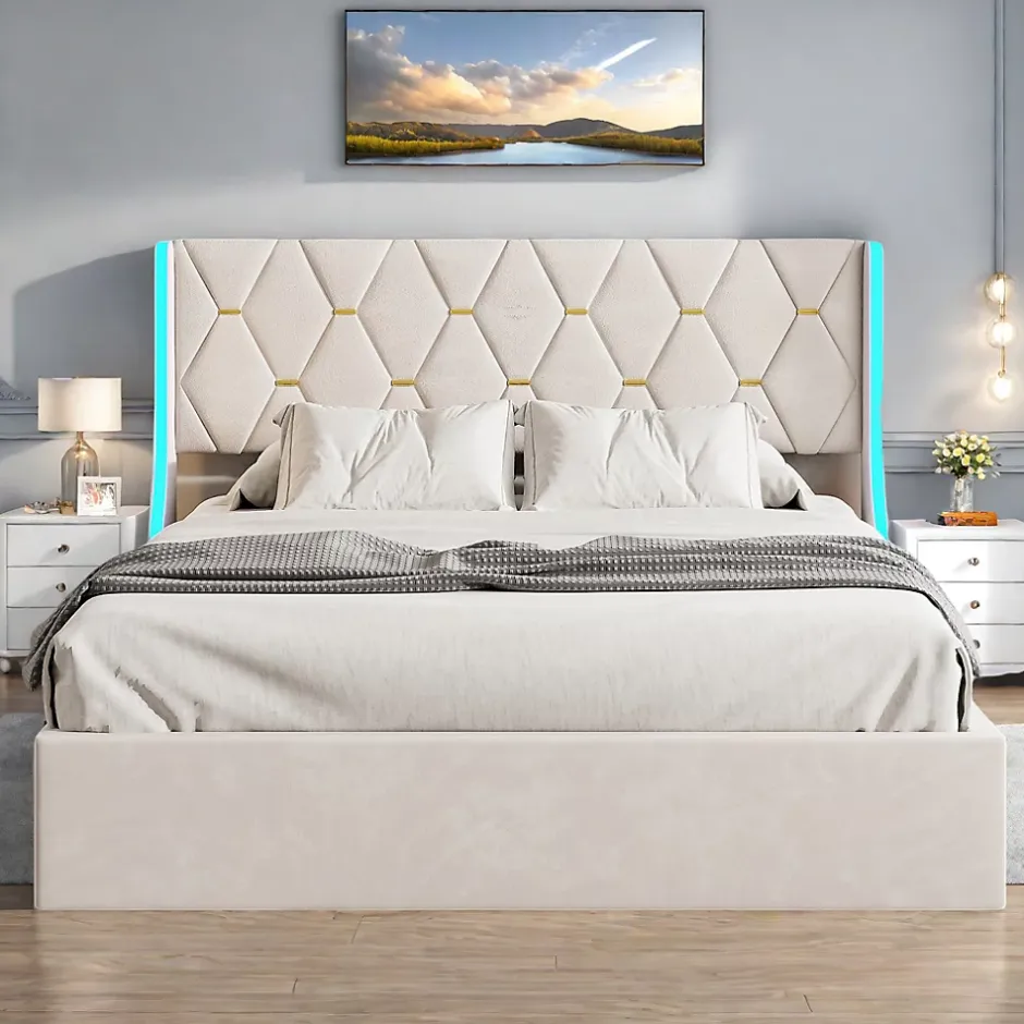 ProximaX Lit Coffre beige 140x190 cm, Lit Double avec Rangement, Lits pour Adulte Coffre,avec LED Tete de lit Tissu Velours Online